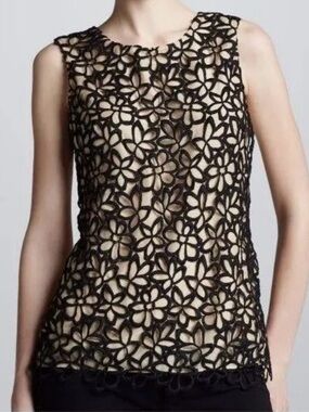 Lela Rose for Neiman Marcus Black Floral Lace Overlay Top with Nude Underlayer